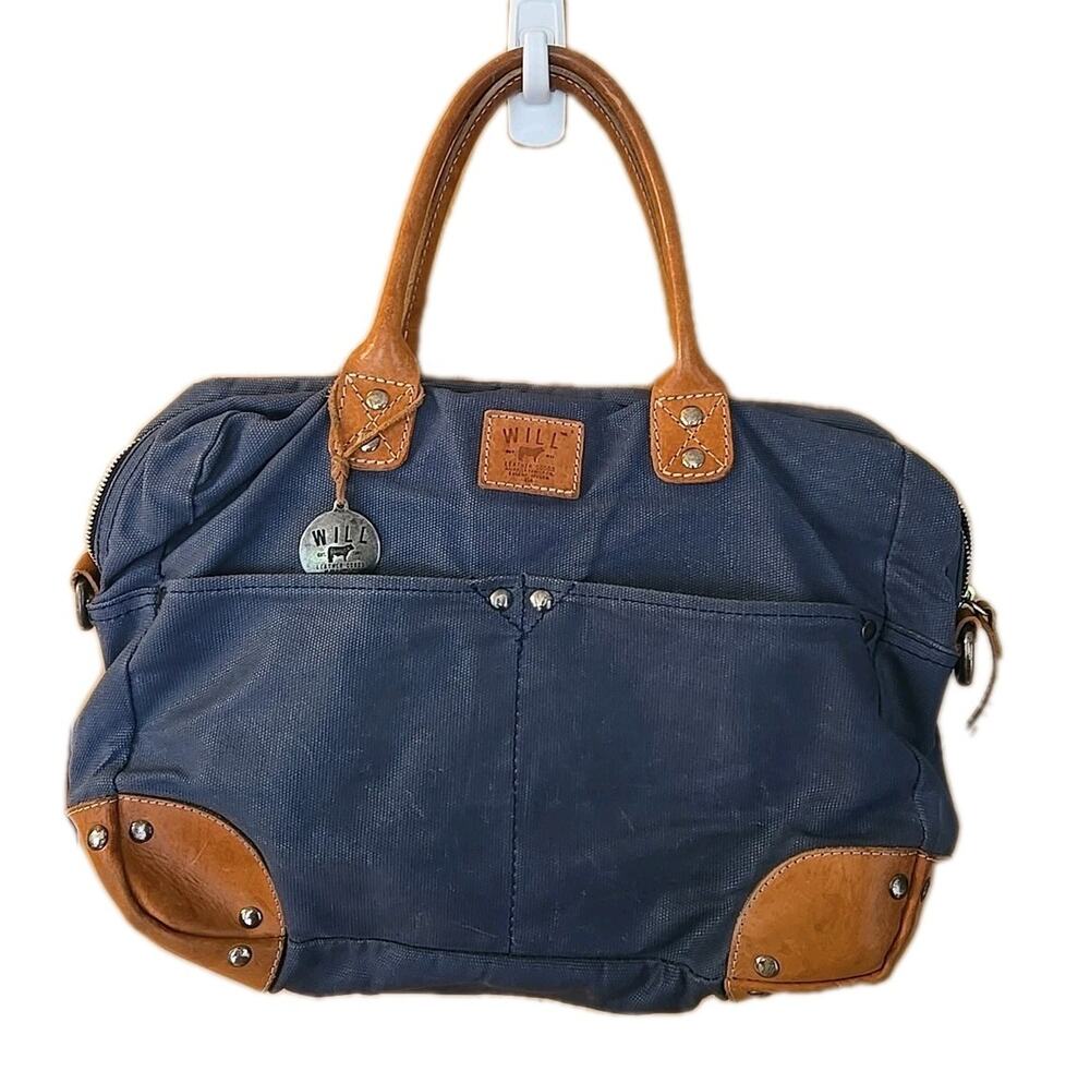 WILL Leather Goods Large Rustic Weekender Blue Leather Tote Bag Purse